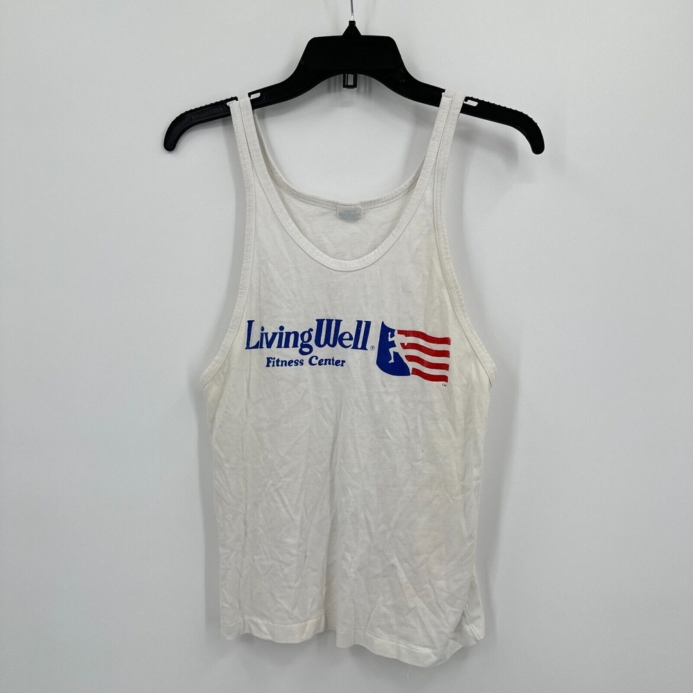 Vtg Living Well Fitness Center Tank Top Muscle Tee M White‎ Blue Activewear USA